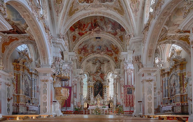 Interior view of the central nave, chancel, choir, collegiate basilica, collegiate church, monastery church, Augustinian canons' monastery, Neustift monastery, also monastery, Vahrn near Brixen, Bressanone, South Tyrol, Italy, Europe