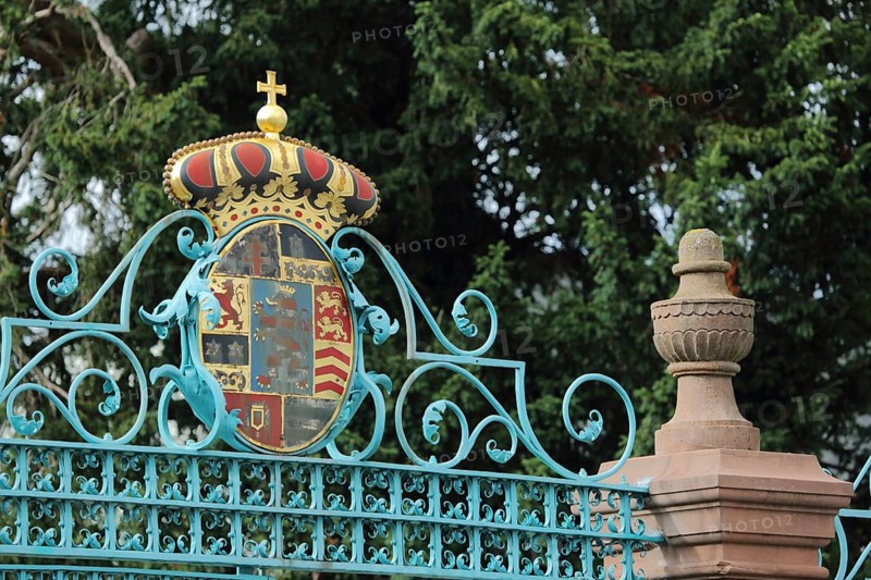 Ornate metal grille with golden crown to the entrance in castle park, coat of arms, turquoise, golden, grille, handicraft, castle, Bad Homburg, Taunus, Hesse, Germany, Europe