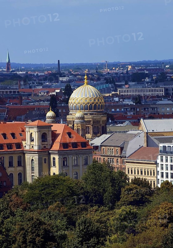 The tambour dome of the New Synagogue covered in gilded ribs in the city panorama, Berlin, Germany, Europe