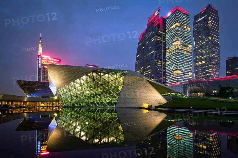 GUANGZHOU, CHINA, APRIL 27, 2018: Guangzhou Opera House designed by famous Iraqi architect architect Zaha Hadid illluminated at night