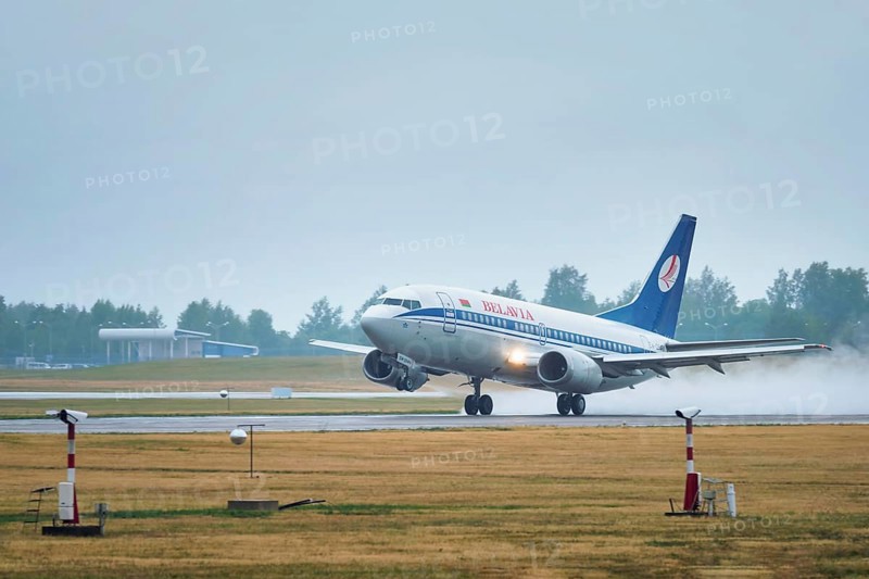 MINSK, BELARUS, JUNE 15, 2018: Belavia belarusian airlines flight Boeing 737-500 plane taking off on runway in National Airport Minsk
