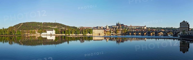 Panorama view of Charles bridge over Vltava river and Gradchany (Prague Castle) and St. Vitus Cathedral in the morning, Prague, Czech Republic, Europe