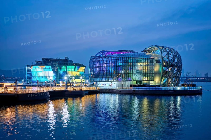 SEOUL, SOUTH KOREA, APRIL 7, 2017: Some Sevit culture complex on artificial floating islands located near the Banpo Bridge illuminated at night, Seoul, South Korea, Asia