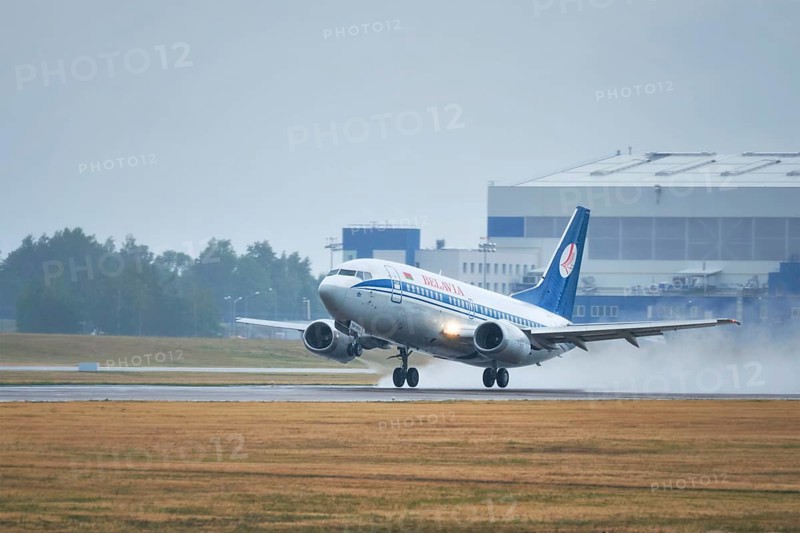 MINSK, BELARUS, JUNE 15, 2018: Belavia belarusian airlines flight Boeing 737-500 plane taking off on runway in National Airport Minsk