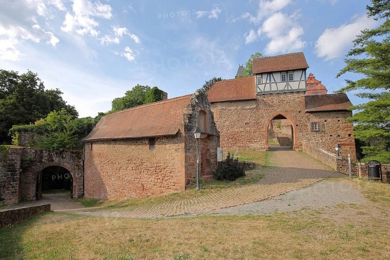 Castle built in 1270 with gatehouse in Hirschhorn am Neckar, Neckar Valley, Odenwald, Hesse, Germany, Europe