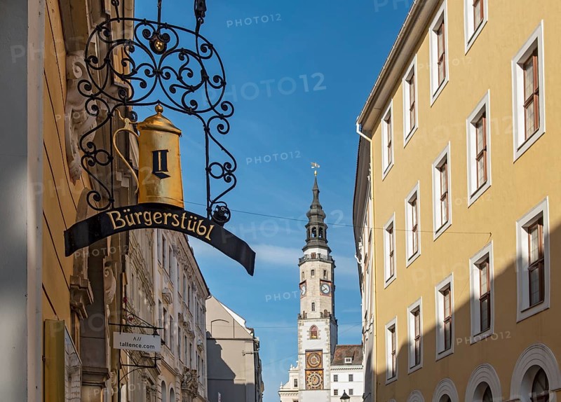 Old Town Hall Clock Tower seen from Neißstraße, Neissstrasse, Görlitz, Goerlitz, Germany, Europe