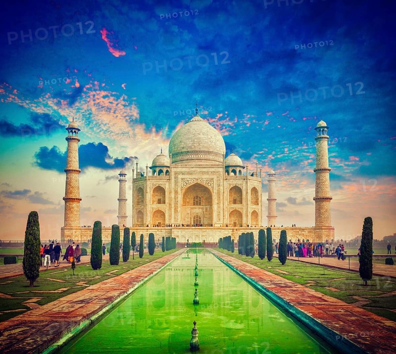 Vintage retro effect filtered hipster style image of Taj Mahal on sunrise sunset, Indian Symbol, India travel background. Agra, Uttar Pradesh, India, Asia