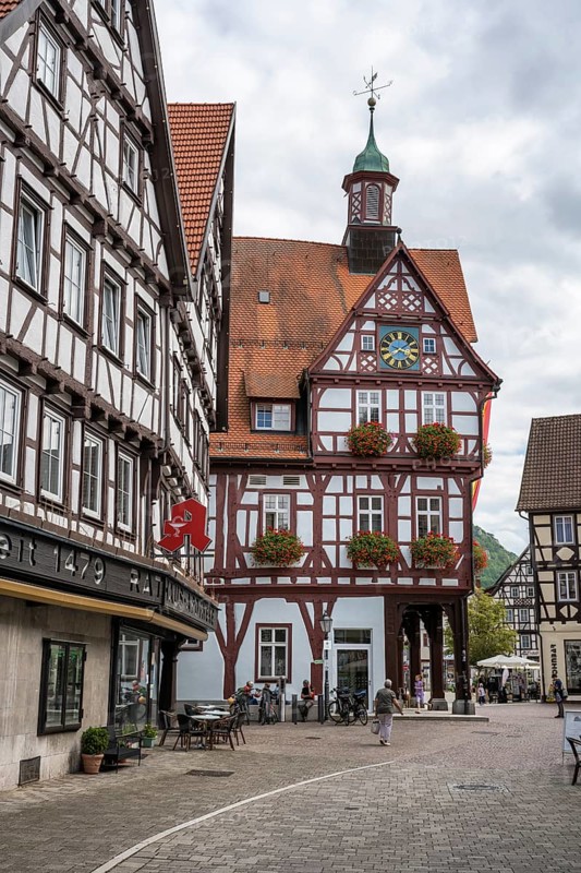 Town hall and half-timbered houses on the market square of Bad Urach, Reutlingen district, Baden-Württemberg, Germany, Europe