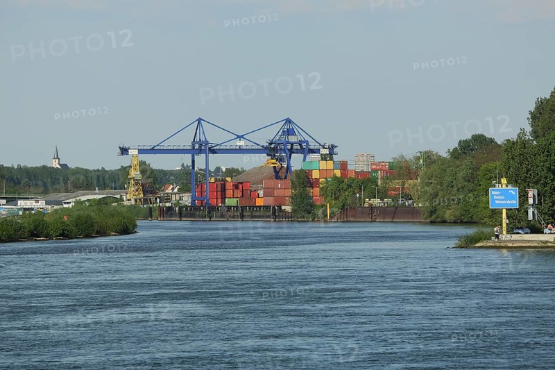 Main-Danube waterway and mouth of the Main into the Rhine at Gustavsburg with industrial port and containers, Mainz, Hesse, Germany, Europe