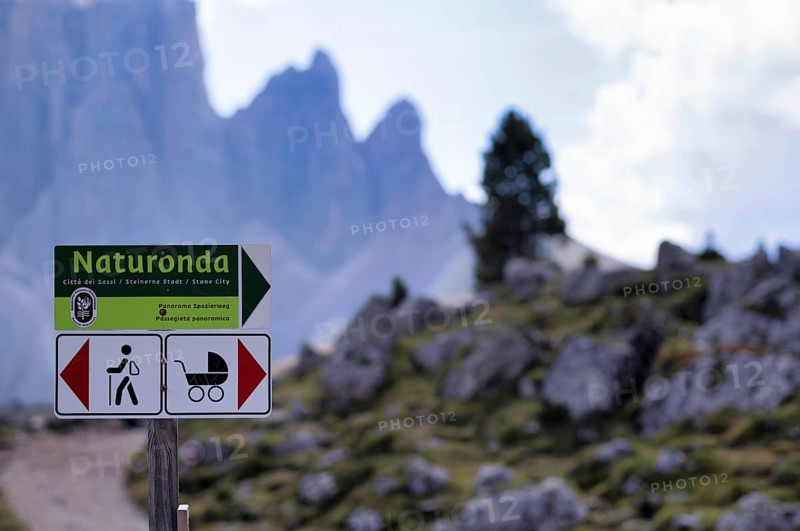 Mass tourism, sign separating paths for hikers and families with prams, Stone City, Sella Pass, Selva di Val Gardena, Val Gardena, South Tyrol, Italy, Europe