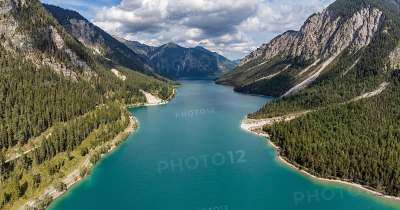 Aerial view of Plansee, Reutte, Ammergau Alps, Tyrol Austria, Plansee, Tyrol, Austria, Europe