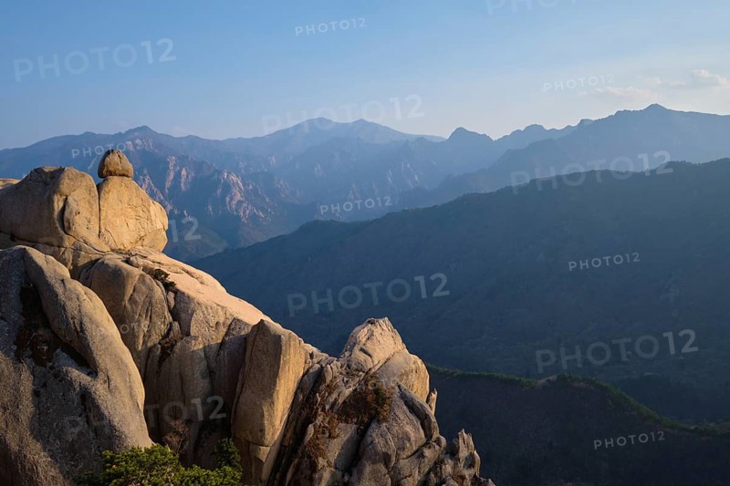 View of stones and rock formations from Ulsanbawi rock peak on sunset. Seoraksan National Park, South Corea