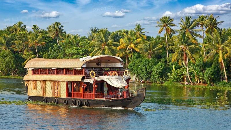 Panorama of houseboat on Kerala backwaters. Kerala, India, Asia