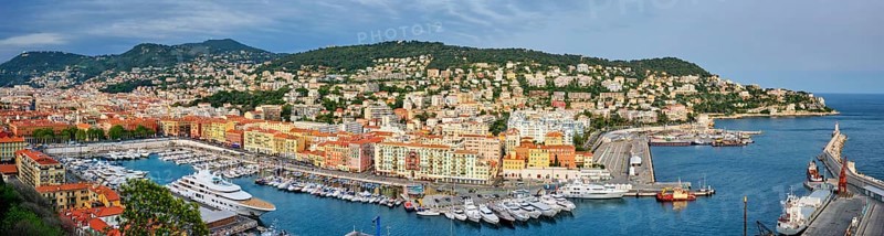 Panorama of Old Port of Nice with luxury yacht boats from Castle Hill, France, Villefranche-sur-Mer, Nice, Cote d'Azur, French Riviera, Europe