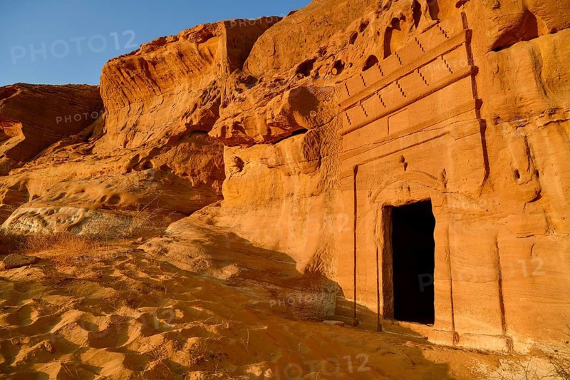 Nabataean tomb at Djabal Al-Ahmar in first daylight, Tomb of Hinat (IGN 117), Hegra or Madain Salih, AlUla region, Medina province, Saudi Arabia, Arabian Peninsula, Asia