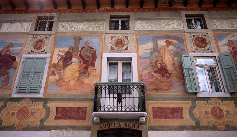 Mural on a house, Old Town, Cortina d'Ampezzo, Province of Belluno, Veneto, South Tyrol, Italy, Europe