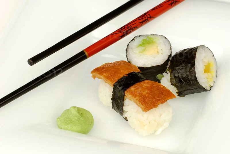 Sushi on tray with chopsticks, wasabi paste, Japanese food, chopsticks, chopsticks