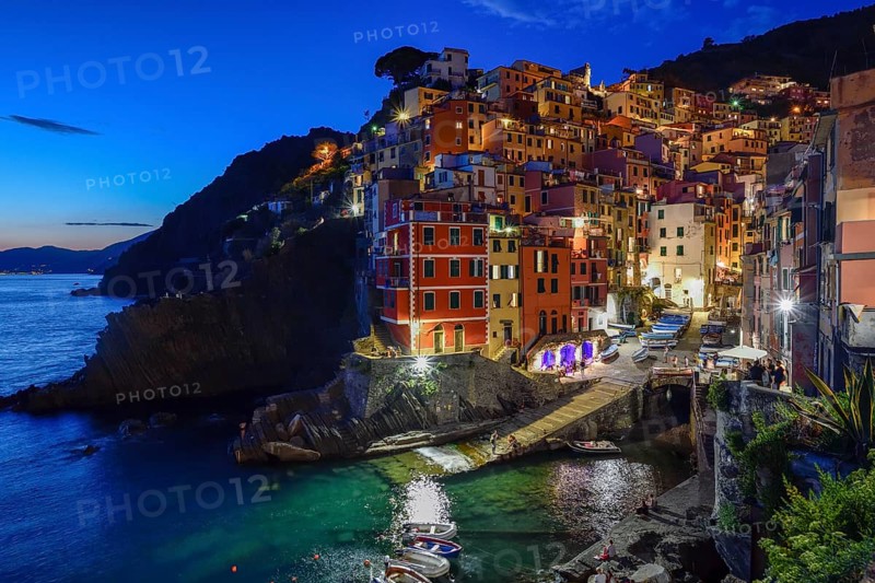 Fishing village of Riomaggiore, blue hour, Cinque Terre, province of La Spezia, Liguria, Italy, Europe