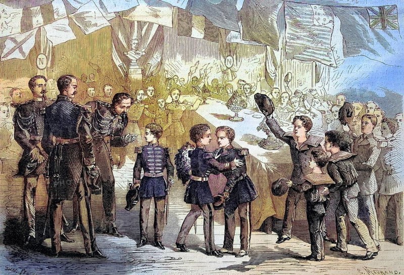 Journey of the Imperial Prince Crown Prince Napoleon Eugene Louis Jean Joseph Bonaparte (16 March 1856 to 1 June 1879) to Cherbourg, troop children present the Prince with a bouquet of flowers, 1869, France, Historic, digitally restored reproduction of a 19th century original, Europe