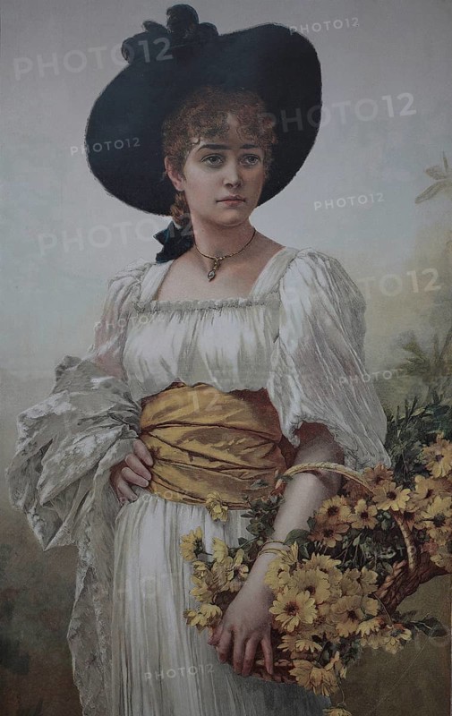Young woman in Sunday dress, with hat and a basket of flowers. Colour print as art supplement Zur guten Stunde, 1897. After a painting by C. Kiefel, Feldblumen, Historic, digitally restored reproduction of an original from the 19th century