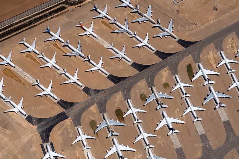 Aerial view of parked commercial aircraft at Teruel Airport in Aragon, parking, storage, scrapping, Airbus, Boeing, Lufthansa, A380, Spain, Europe
