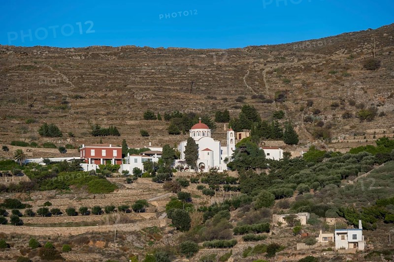 Greek Orthodox Church of Agia Paraskevi in the mountains near Ermoupoli, Syros, Cyclades, Greece, Europe