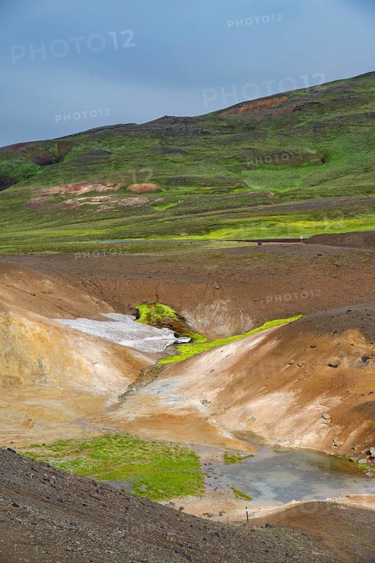 Volcanic landscape with colourful hills, Krafla geothermal area, Northern Iceland, Iceland, Europe