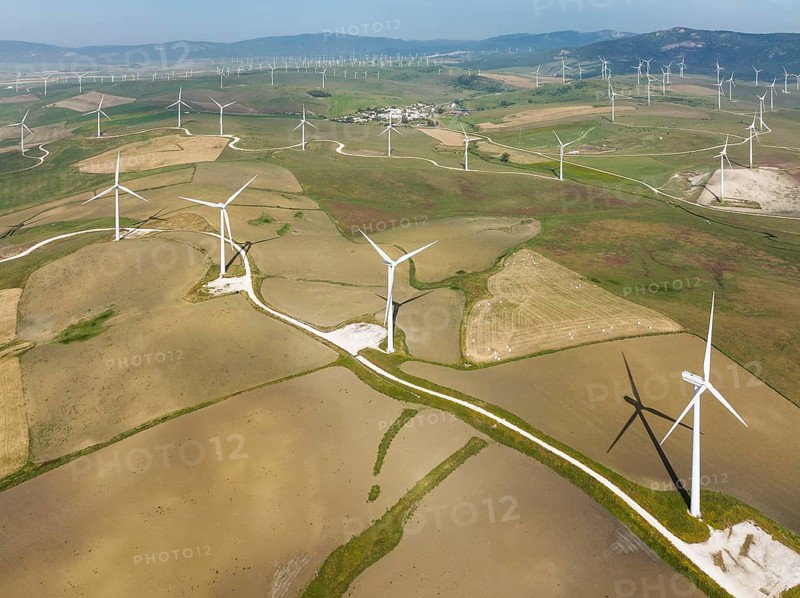 Windmills on a wind farm near Zahara de los Atunes, aerial view, drone shot, Cádiz province, Andalusia, Spain, Europe