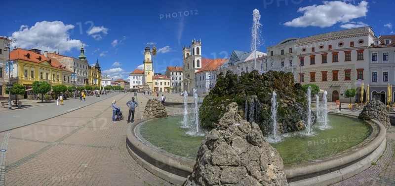 Fountain on the main square behind the clock tower, Banská Bystrica, Banskobystrický kraj, Slovakia, Europe