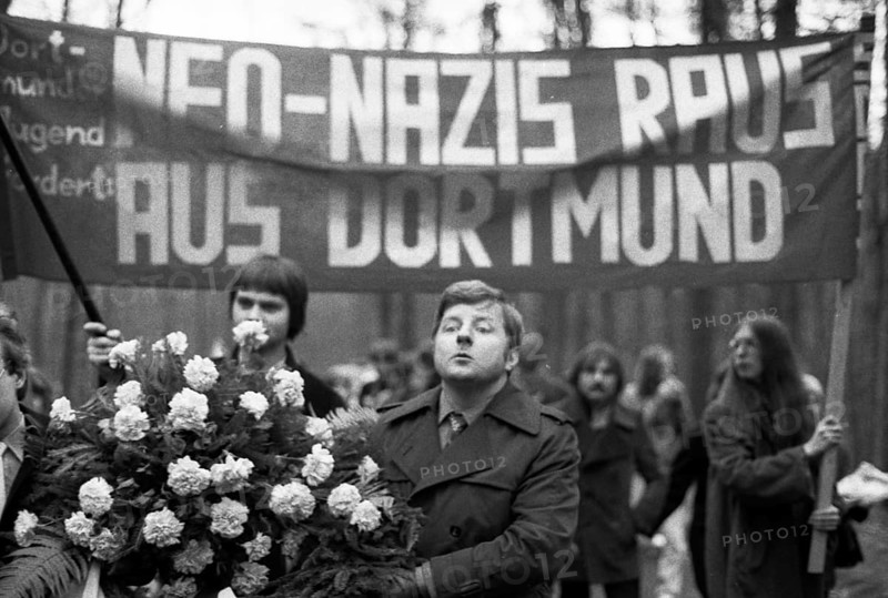 The tribute to those murdered by the Nazis on Good Friday 1945 was also a demonstration against neo-Nazism in Rombergpark on 04.04.1980 in Dortmund, Germany, Europe