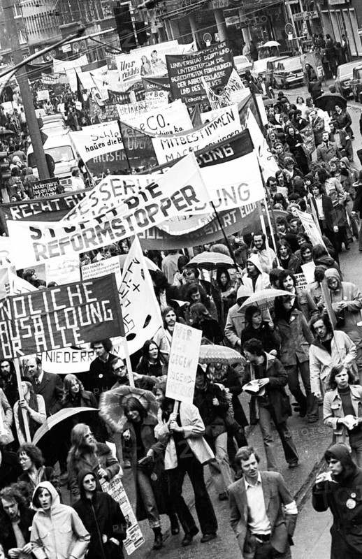 Demonstration of 30, 000 of the DGB youth against unemployment and better vocational training on 19.4.1975 in Dortmund, Germany, Europe