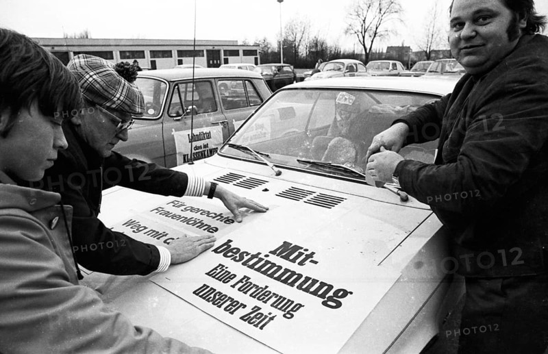 The IG Metall union used a motorcade to promote its demands for higher wages, co-determination, equal rights for woman and reforms on 13 February 1975 in Dortmund, Germany, Europe