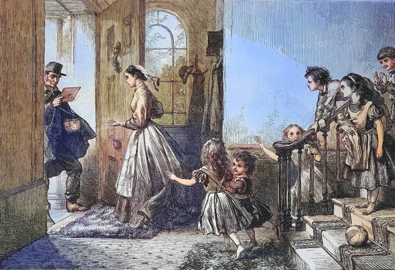 The arrival of the postman at the chateau, the family impatiently awaits a letter, 1869, France, Historic, digitally restored reproduction of an original 19th-century master, exact original date unknown, Europe