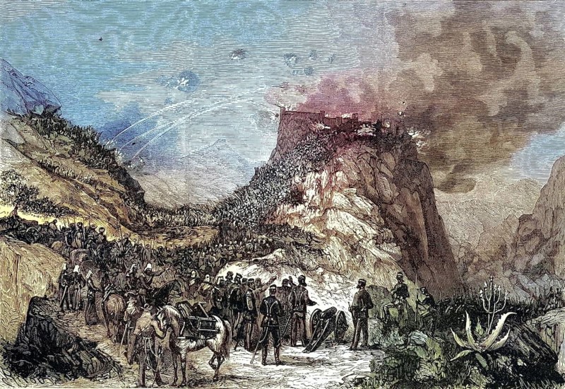 Capture of the fortress of Magdala by English troops. The Battle of Magdala took place on 13 April 1868 and was the final point of the British Ethiopian Expedition of 1867-68, Historical, digitally restored reproduction of a 19th century original