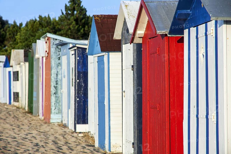 Colourful beach cabins at Saint-Denis-d'Oléron on the island Ile d'Oléron, Charente-Maritime, France, Europe