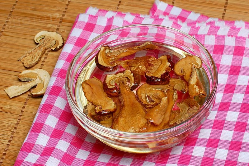 Porcini mushrooms, dried, soaked in water, boletus, King bolete (Boletus edulis)