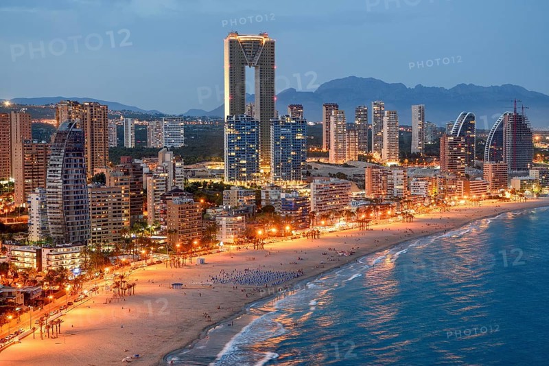 Skyline of Benidorm with the high-rise Intempo, with 192 metres the highest residential building in Europe, blue hour, Playa Poniente, Benidorm, Costa Blanca, Valencia County, Spain, Europe