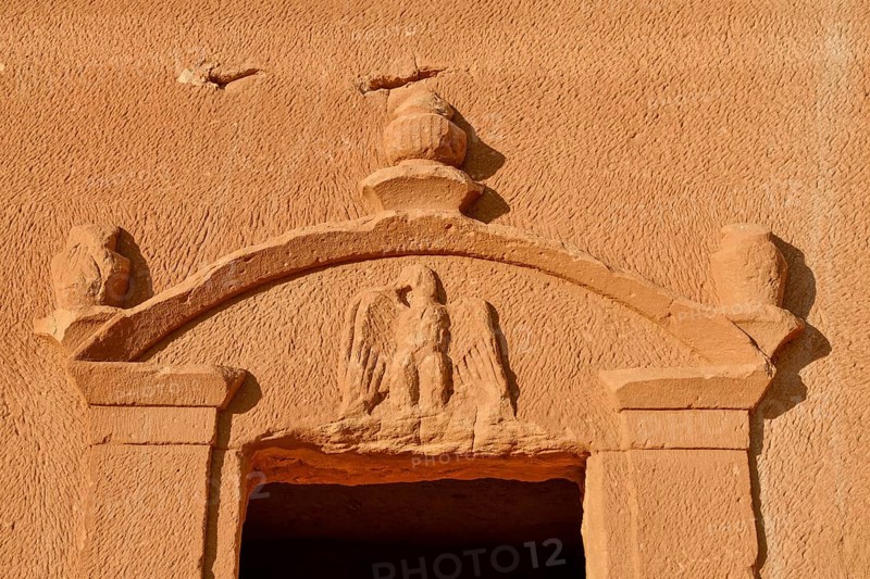 Detail of a Nabataean tomb at the rock Qasr Al-Bint, Hegra or Madain Salih, AlUla region, Medina province, Saudi Arabia, Arabian Peninsula, Asia