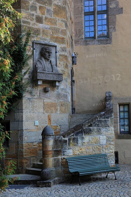 Veste Coburg, the stone relief of Martin Luther on the Luther Chapel, Coburg, Upper Franconia, Bavaria, Germany, Europe