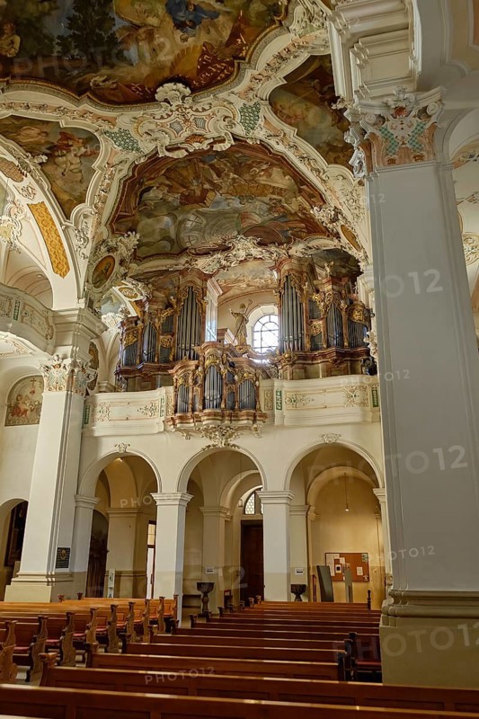 Interior of the monastery church of the Archabbey of St. Martin of the Benedictine Monastery of Beuron, looking towards the organ in the gallery, in the Upper Danube Valley near Sigmaringen, Baden-Württemberg, Germany, 27 August, 2021, Europe