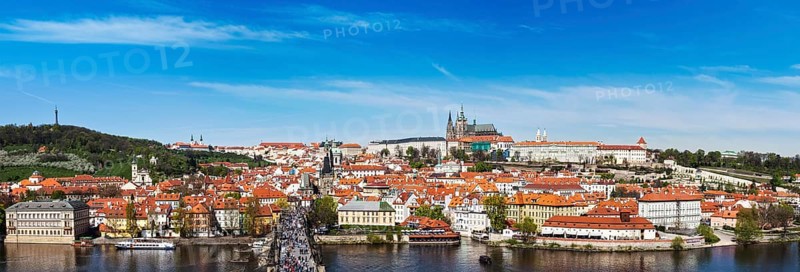 Panorama of Prague: Mala Strana, Charles bridge and Prague castle from Old Town bridge tower over Vltava river. Prague, Czech Republic, Europe