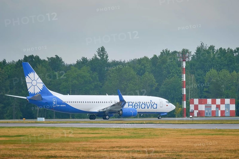 MINSK, BELARUS, JUNE 15, 2018: Belavia belarusian airlines flight Boeing 737-800 plane taxi on runway in National Airport Minsk