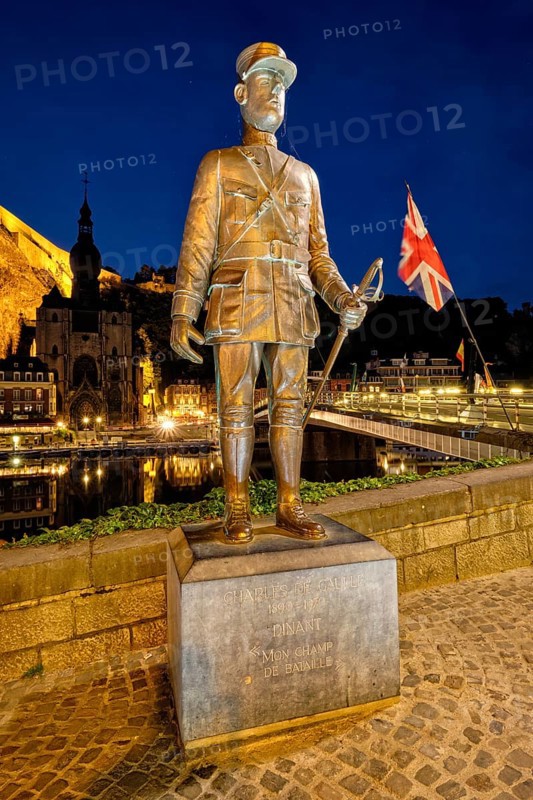 DINANT, BELIGUM, MAY 30, 2018: Bronze statue of Charles de Gaulle near the bridge where he was wounded in battle of Dinant in World War I
