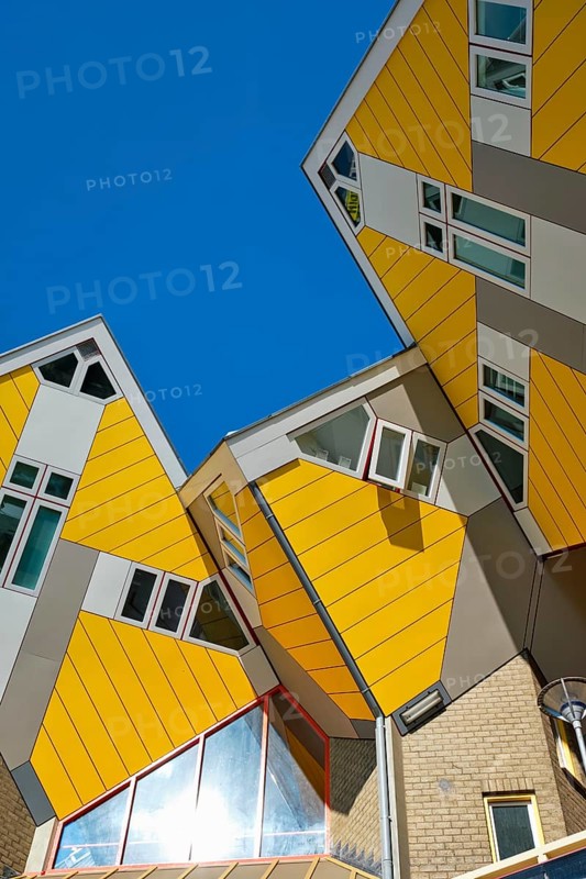 ROTTERDAM, NETHERLANDS, MAY 11, 2017: Cube houses, innovative cube-shaped houses designed by architect Piet Blom with idea to optimize space in Rotterdam, Netherlands now became a tourist attraction