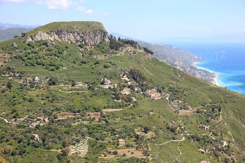 View from the village of Castelmola near Taormina into the mountainous landscape, Sicily, Italy, Europe