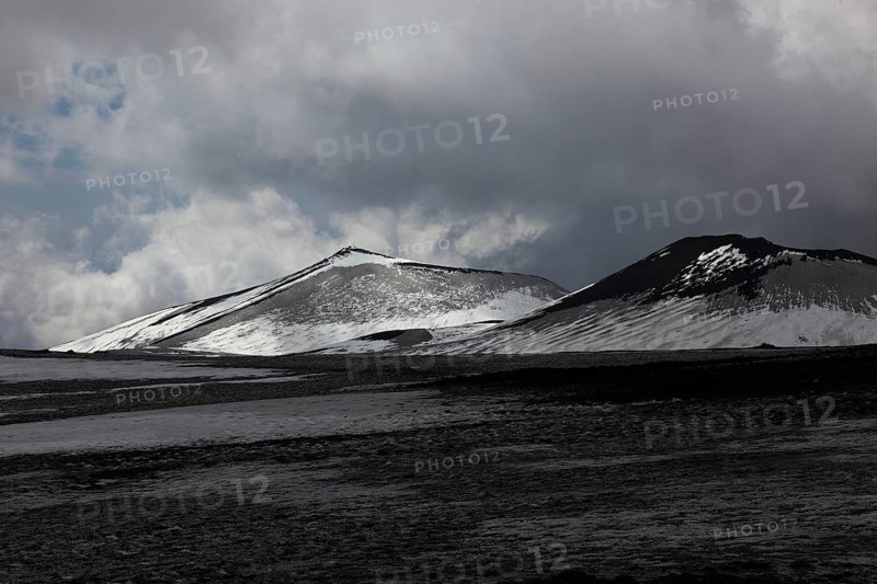 Volcanic landscape at the secondary crater of Etna, Etna, Etna with snow, Sicily, Italy, Europe