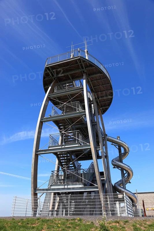 Noah's Sails lookout tower at Ellenbogen, 813 m. high mountain of the Rhoen in the district of Schmalkalden-Meiningen, Thuringia, Germany, Europe