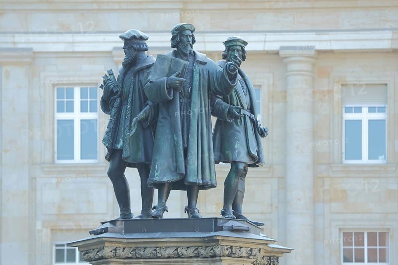 Monument to Johannes Gutenberg 1400-1468, three, figures, book, Roßmarkt, city centre, Main, Frankfurt, Hesse, Germany, Europe