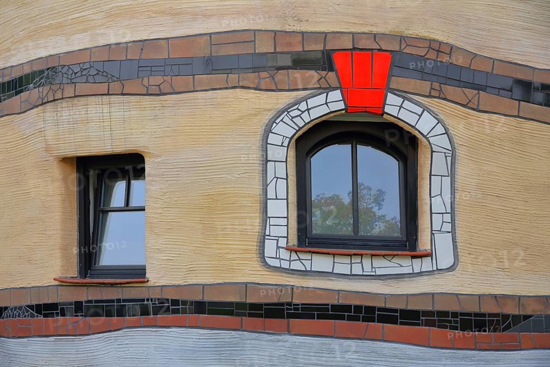 Detail with two windows of the Hundertwasserhaus Waldspirale, red, frame, Darmstadt, Bergstrasse, Hesse, Germany, Europe