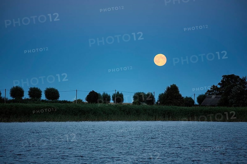 Moonrise, full moon over Bodden landscape, Wustrow, Saaler Bodden, Fischland, Baltic Sea, Germany, Europe